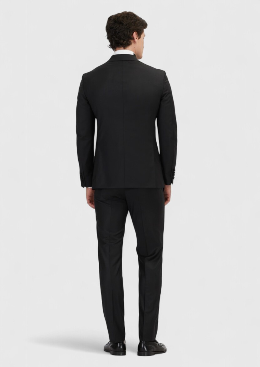 Siyah Düz Slim Fit Kruvaze Yaka Dokuma Smokin Takım Elbise - 6