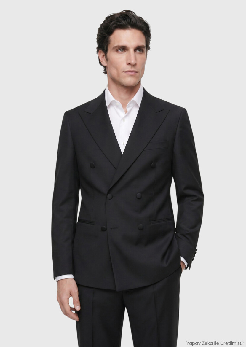 Siyah Düz Slim Fit Kruvaze Yaka Dokuma Smokin Takım Elbise - RAMSEY