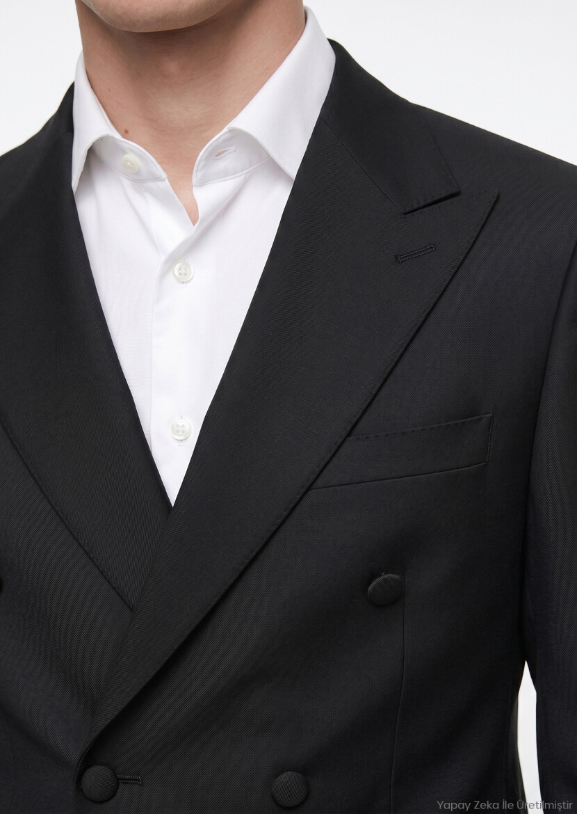 Siyah Düz Slim Fit Kruvaze Yaka Dokuma Smokin Takım Elbise - RAMSEY