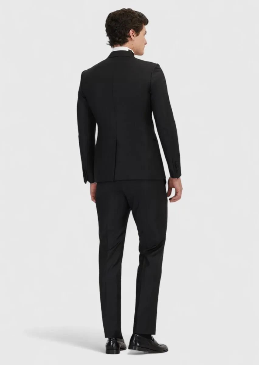 Siyah Düz Slim Fit Kruvaze Yaka Dokuma Smokin Takım Elbise - 5