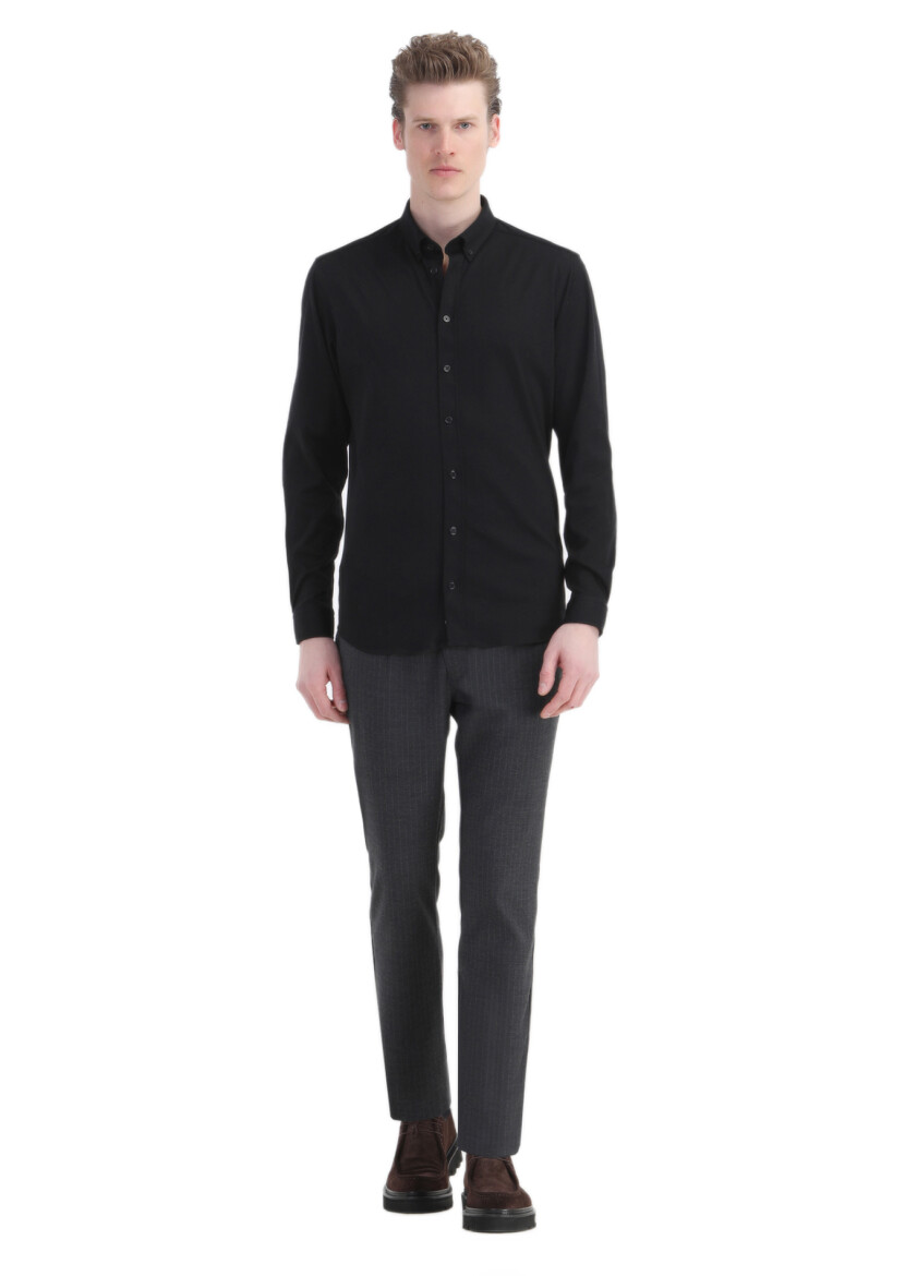 Siyah Düz Slim Fit Uzun Casual %100 Pamuk Gömlek 