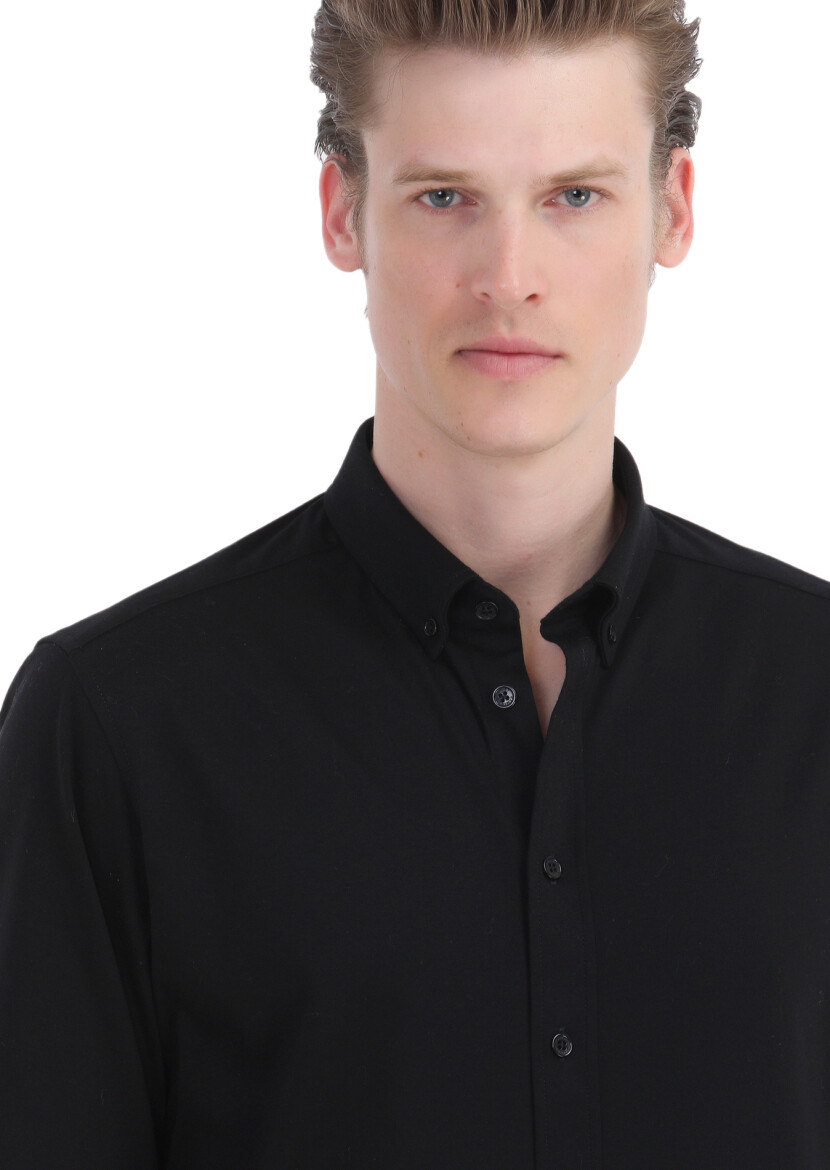 Siyah Düz Slim Fit Uzun Casual %100 Pamuk Gömlek - 4