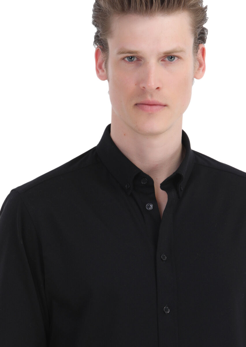 Siyah Düz Slim Fit Uzun Casual %100 Pamuk Gömlek - 4