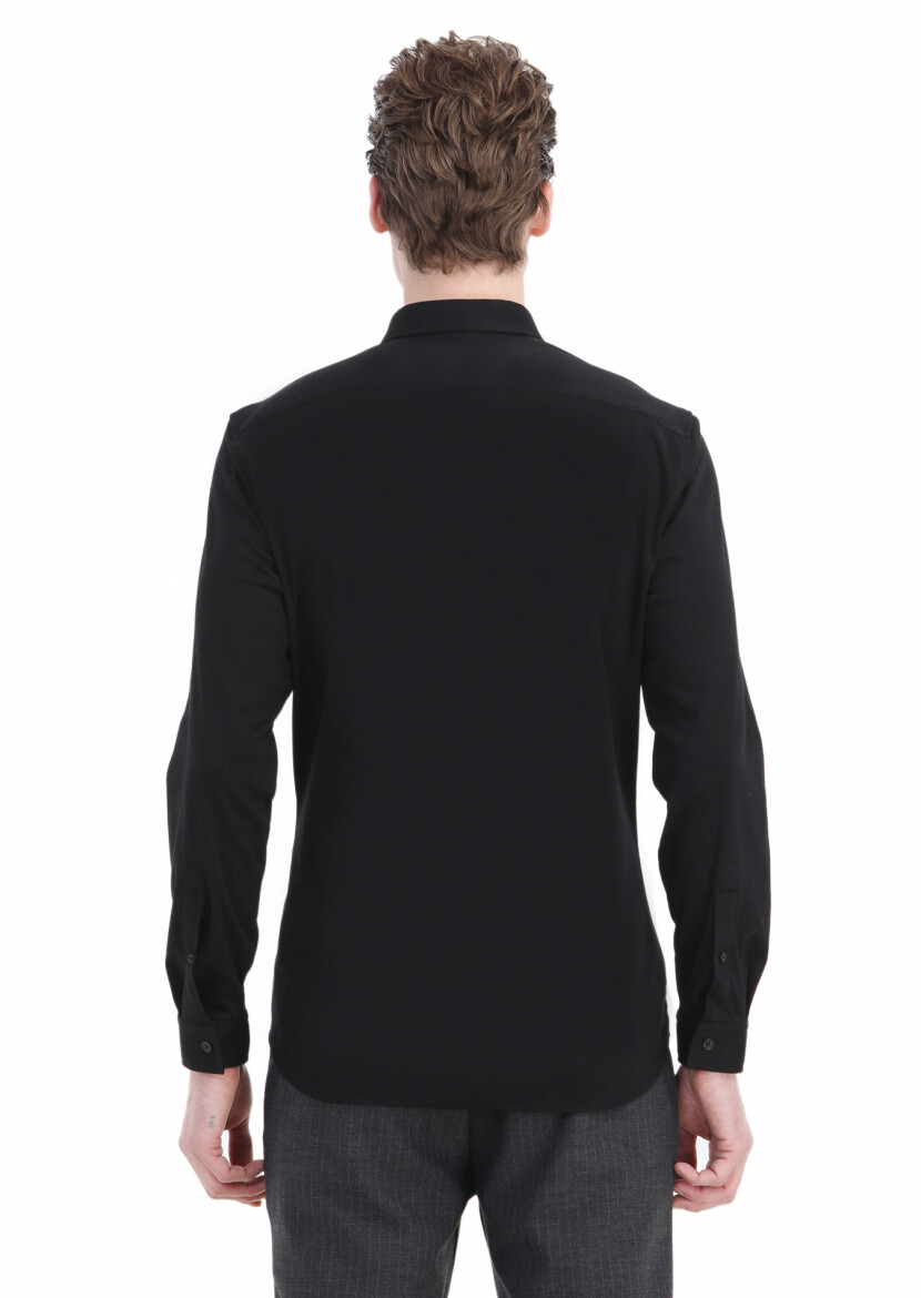 Siyah Düz Slim Fit Uzun Casual %100 Pamuk Gömlek - 5