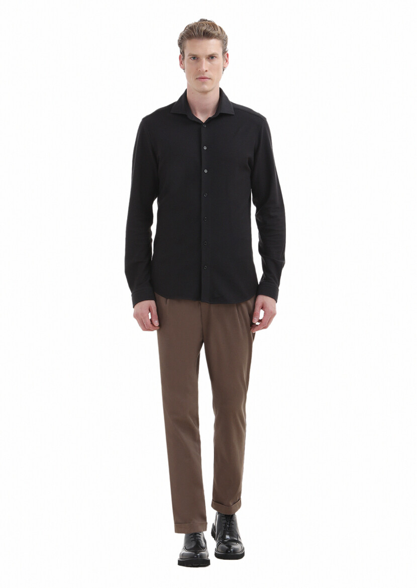 Siyah Düz Slim Fit Uzun Casual %100 Pamuk Gömlek 
