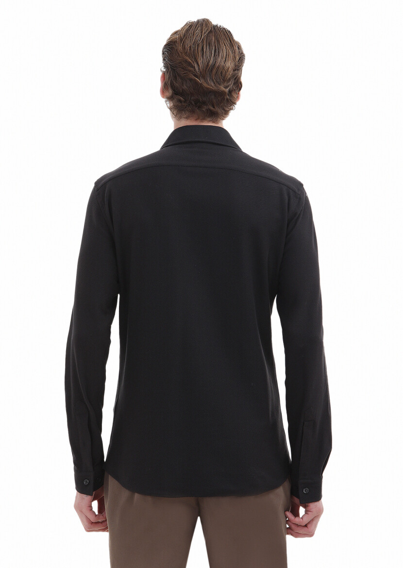 Siyah Düz Slim Fit Uzun Casual %100 Pamuk Gömlek - 4