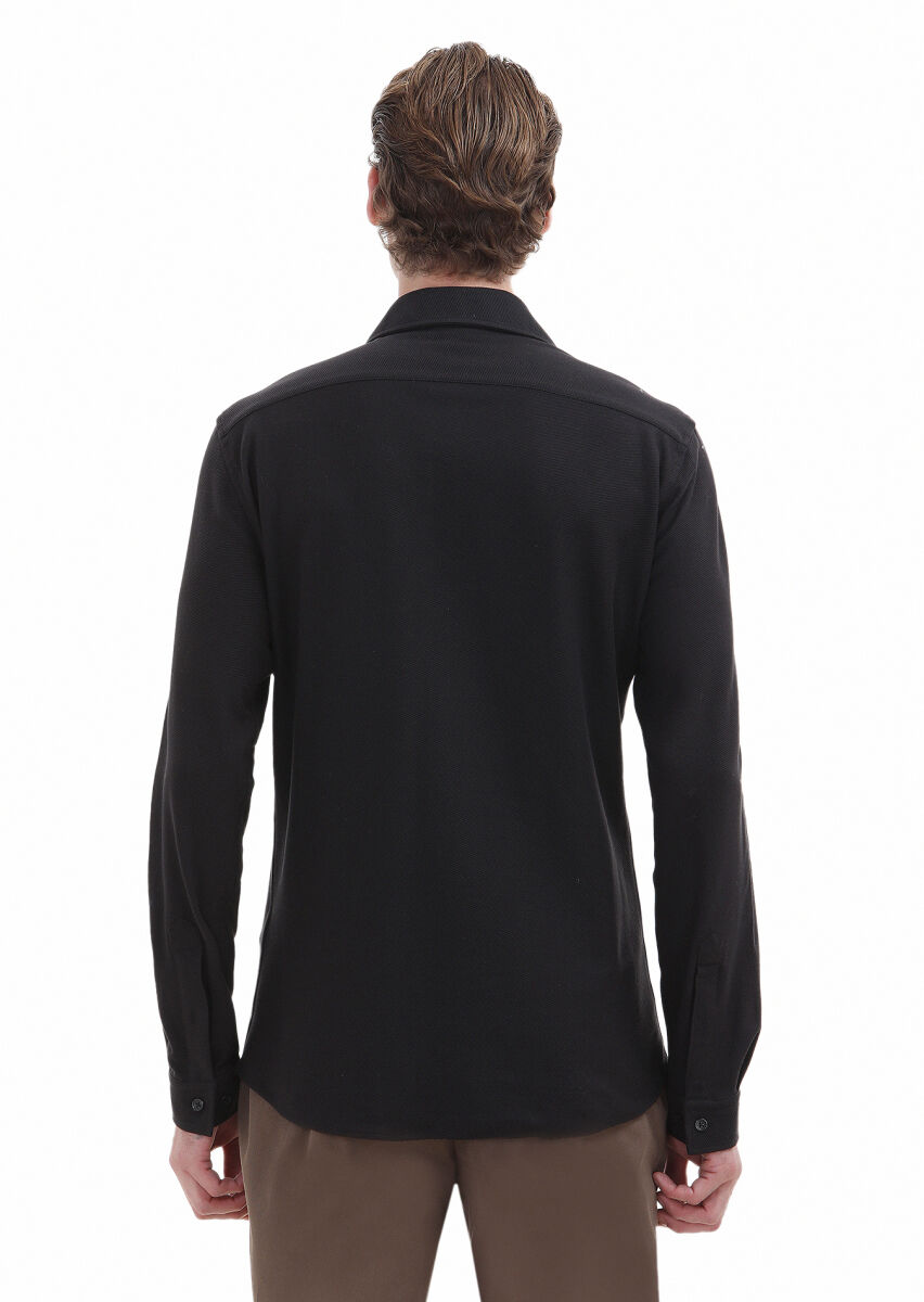 Siyah Düz Slim Fit Uzun Casual %100 Pamuk Gömlek - 4