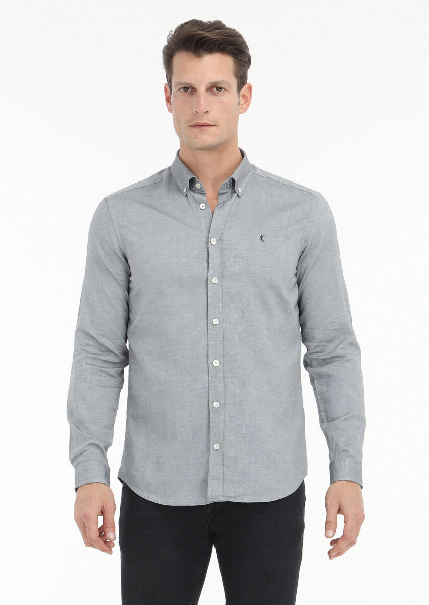 Siyah Düz Slim Fit Uzun Dokuma Casual %100 Pamuk Gömlek - 2