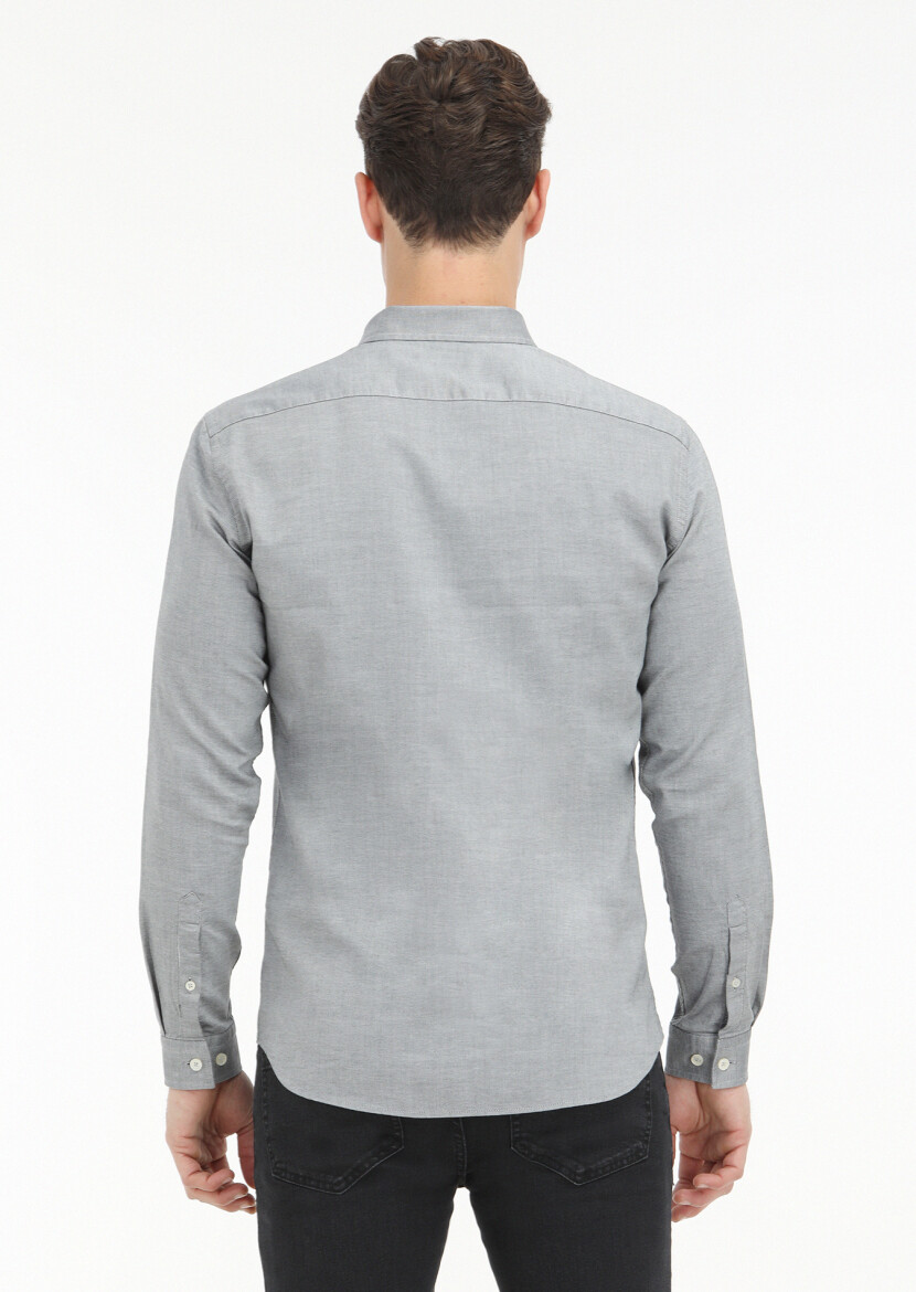 Siyah Düz Slim Fit Uzun Dokuma Casual %100 Pamuk Gömlek - 4