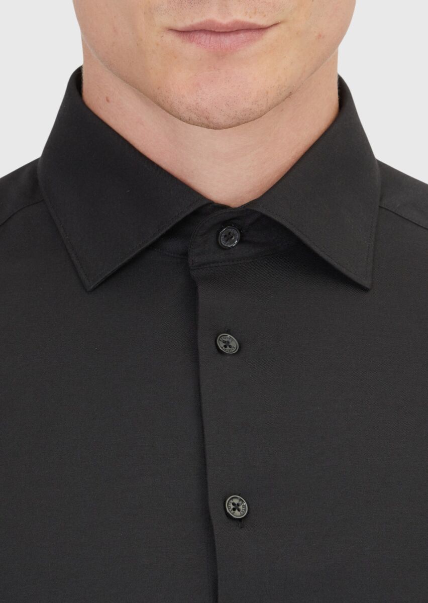 Siyah Düz Slim Fit Uzun Dokuma Klasik Pamuk Karışımlı Gömlek - 4