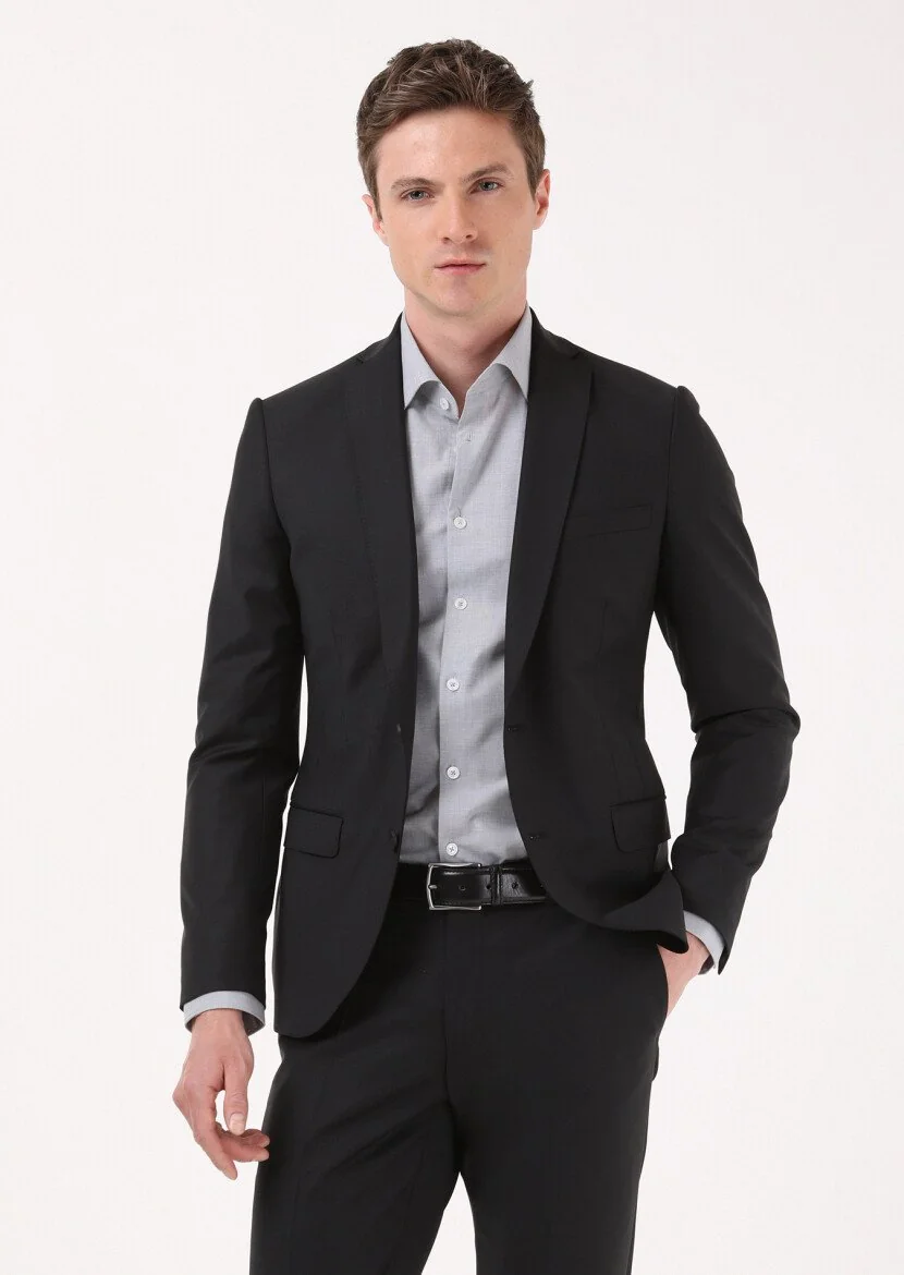 Siyah Düz Slim Fit Yün Karışımlı Takım Elbise - 3