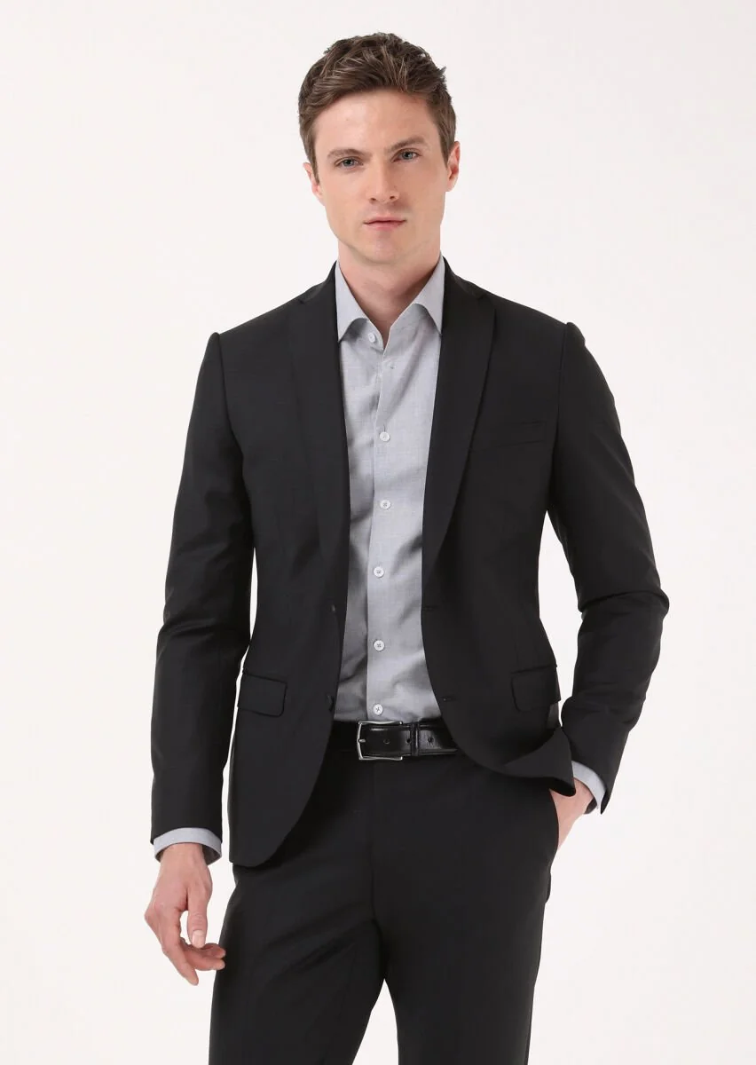 Siyah Düz Slim Fit Yün Karışımlı Takım Elbise - 3