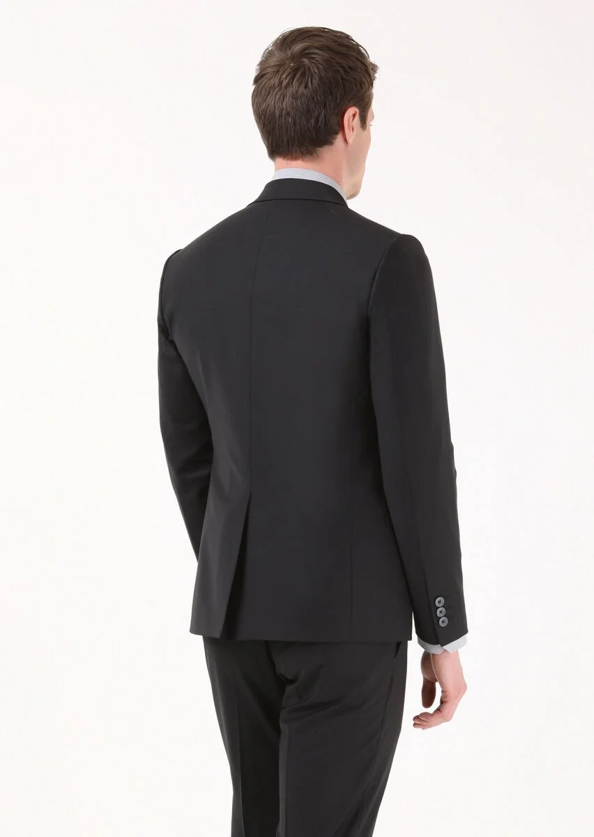 Siyah Düz Slim Fit Yün Karışımlı Takım Elbise - 5