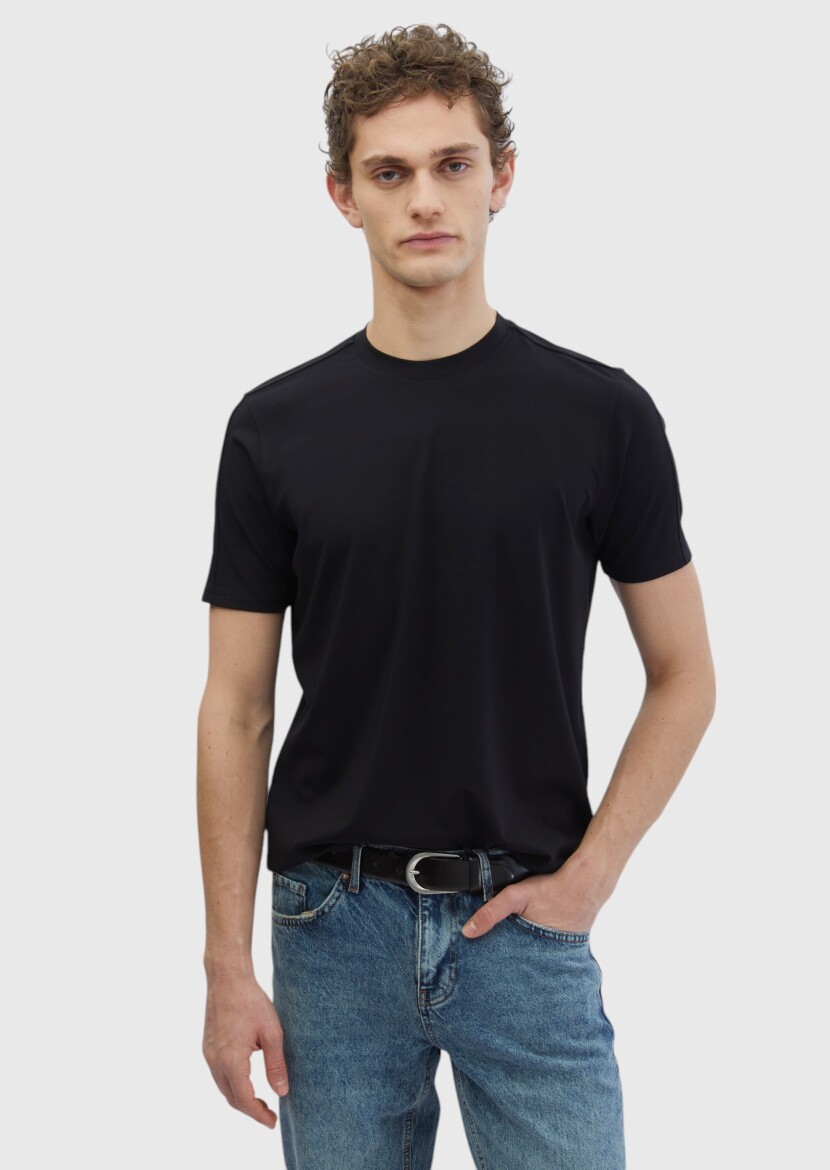 Siyah Düz Bisiklet Yaka T-Shirt - RAMSEY