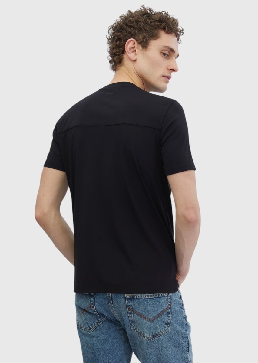 Siyah Düz Bisiklet Yaka T-Shirt - 4