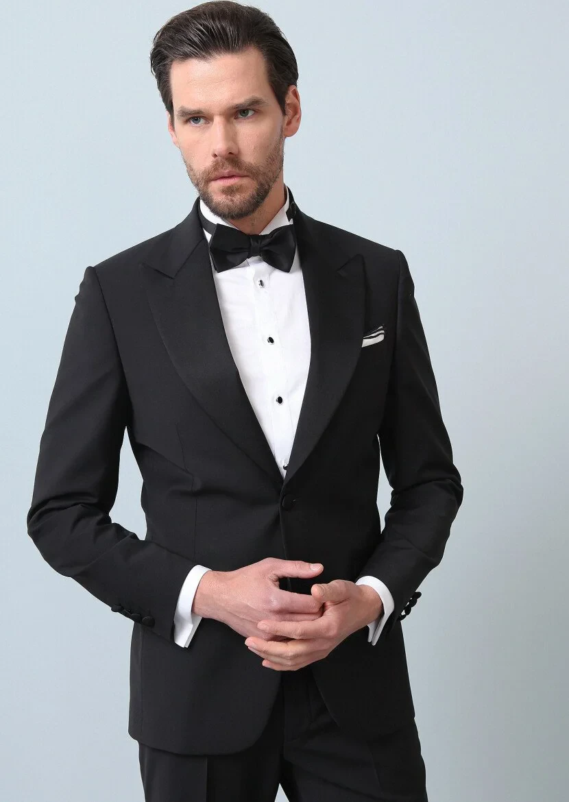 Siyah Düz Thin&taller Slim Fit Kruvaze Yaka Dokuma Smokin Takım Elbise - 1
