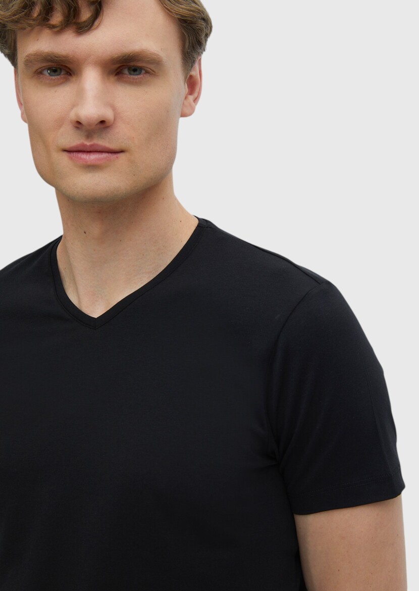Siyah Düz V Yaka Pamuk Karışımlı T-Shirt - 3