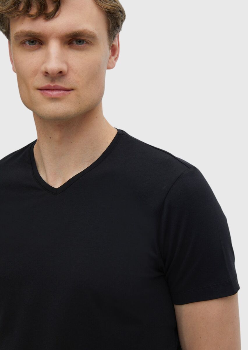 Siyah Düz V Yaka Pamuk Karışımlı T-Shirt - 3