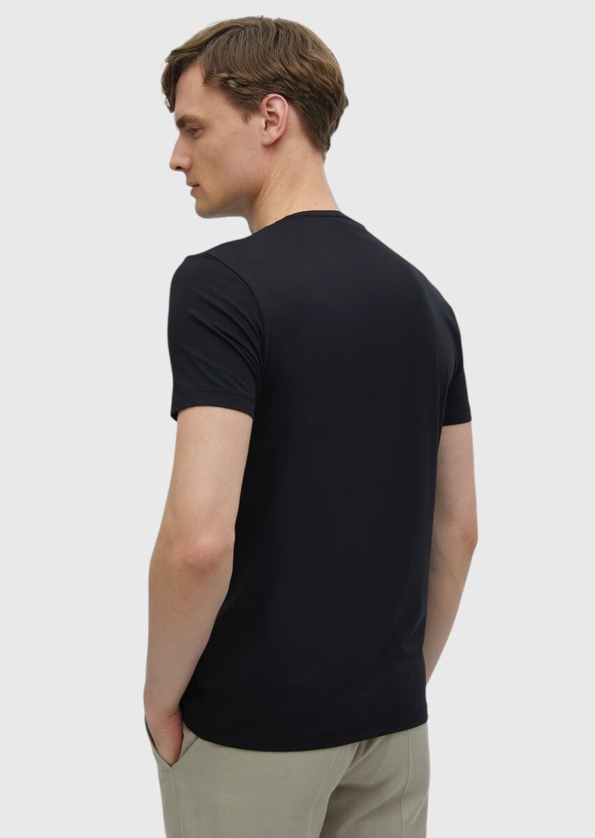 Siyah Düz V Yaka Pamuk Karışımlı T-Shirt - 5