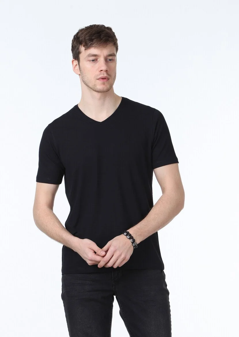 Siyah Düz V Yaka Pamuk Karışımlı T-Shirt - 1