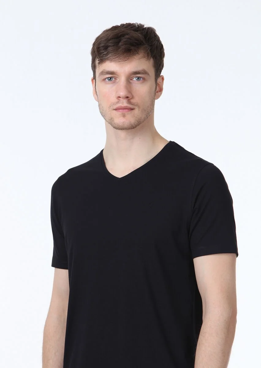 Siyah Düz V Yaka Pamuk Karışımlı T-Shirt - 3