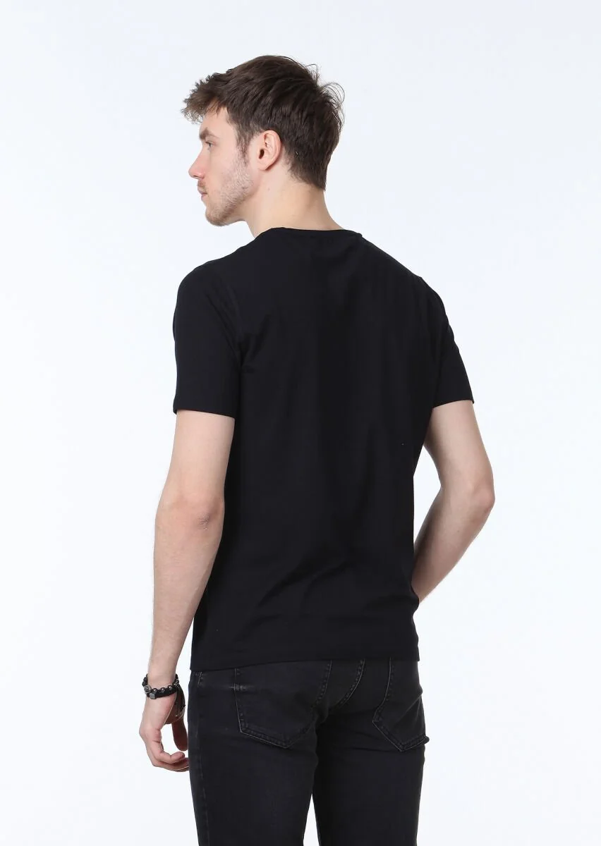 Siyah Düz V Yaka Pamuk Karışımlı T-Shirt - 4