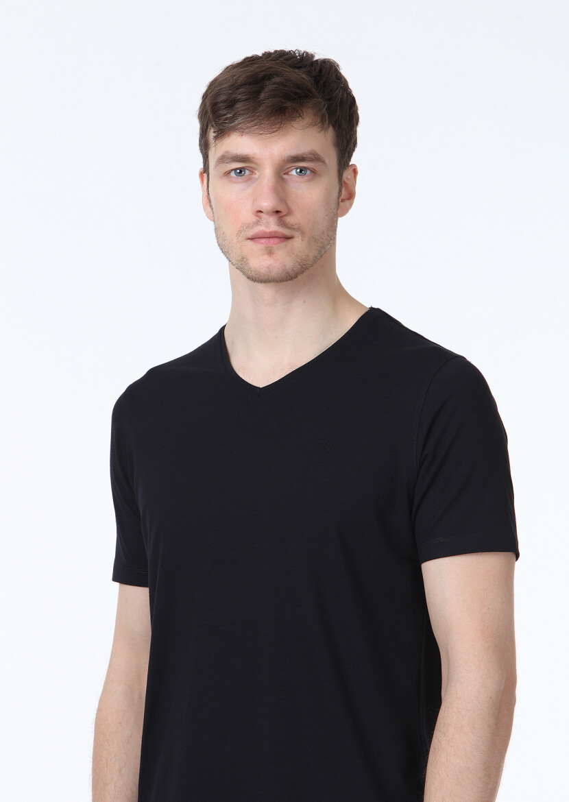 Siyah Düz V Yaka Pamuk Karışımlı T-Shirt - 3
