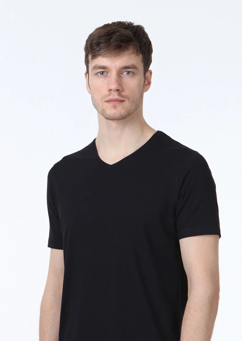 Siyah Düz V Yaka Pamuk Karışımlı T-Shirt - 3