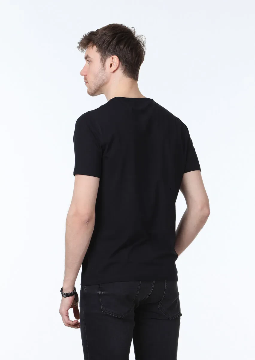 Siyah Düz V Yaka Pamuk Karışımlı T-Shirt - 4