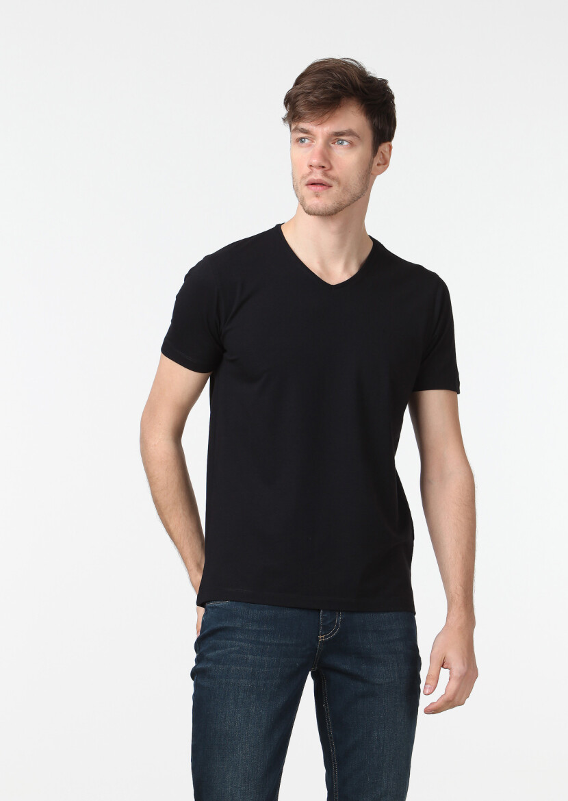 Siyah Düz V Yaka Pamuk Karışımlı T-Shirt - 1