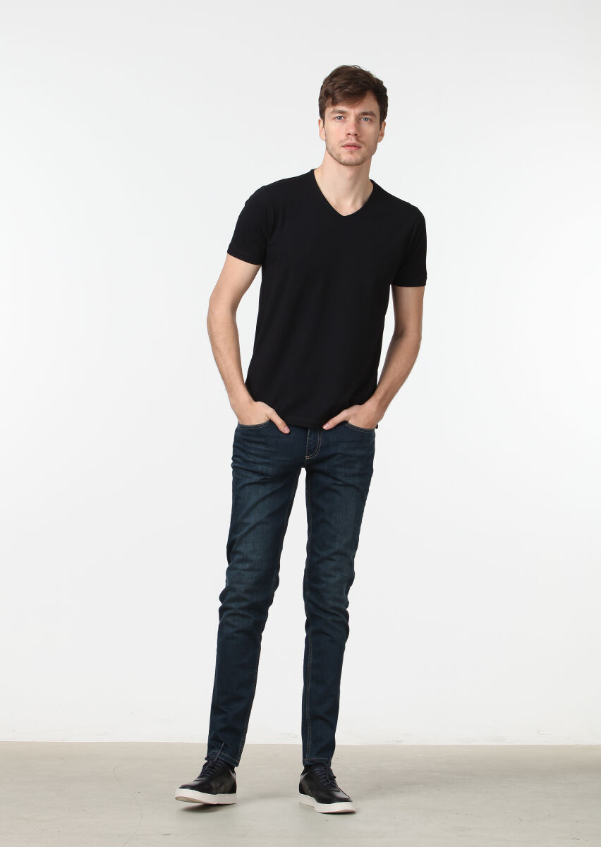 Siyah Düz V Yaka Pamuk Karışımlı T-Shirt - 2