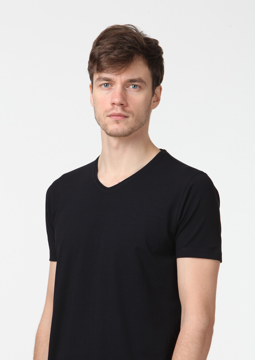 Siyah Düz V Yaka Pamuk Karışımlı T-Shirt - 3