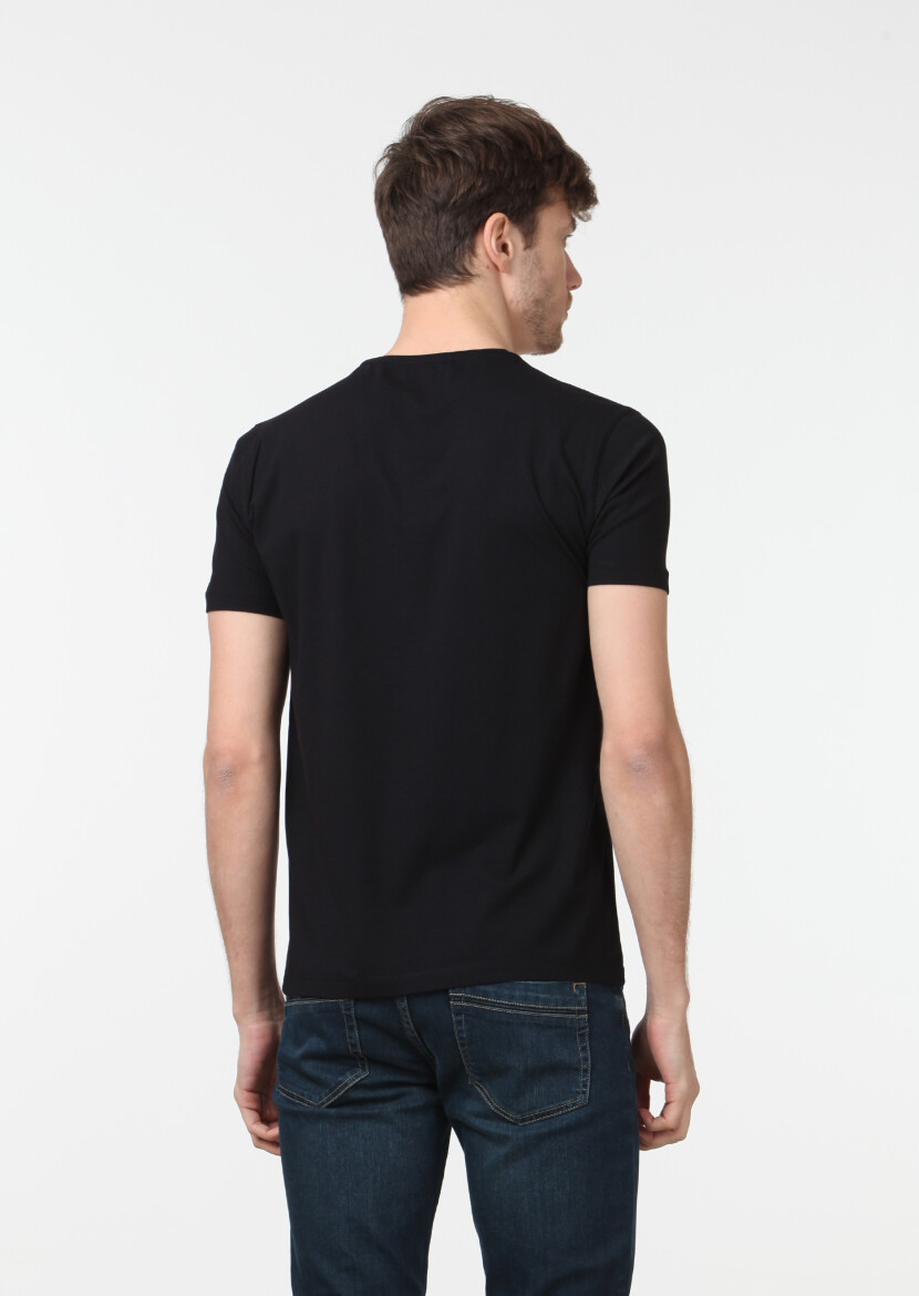 Siyah Düz V Yaka Pamuk Karışımlı T-Shirt - 4
