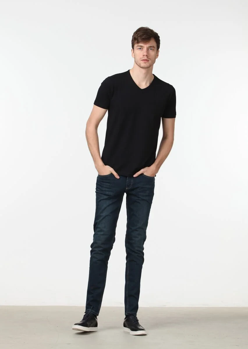 Siyah Düz V Yaka Pamuk Karışımlı T-Shirt - 2