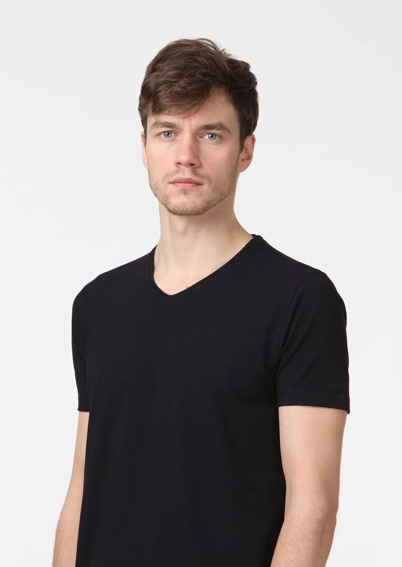 Siyah Düz V Yaka Pamuk Karışımlı T-Shirt - 3