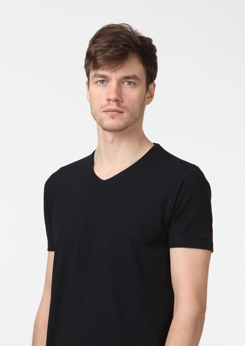 Siyah Düz V Yaka Pamuk Karışımlı T-Shirt - 3