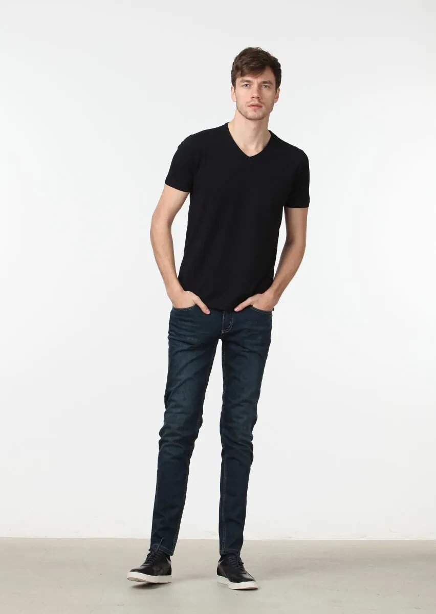 Siyah Düz V Yaka Pamuk Karışımlı T-Shirt - 2