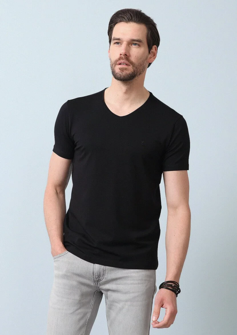 Siyah Düz V Yaka Pamuk Karışımlı T-Shirt 