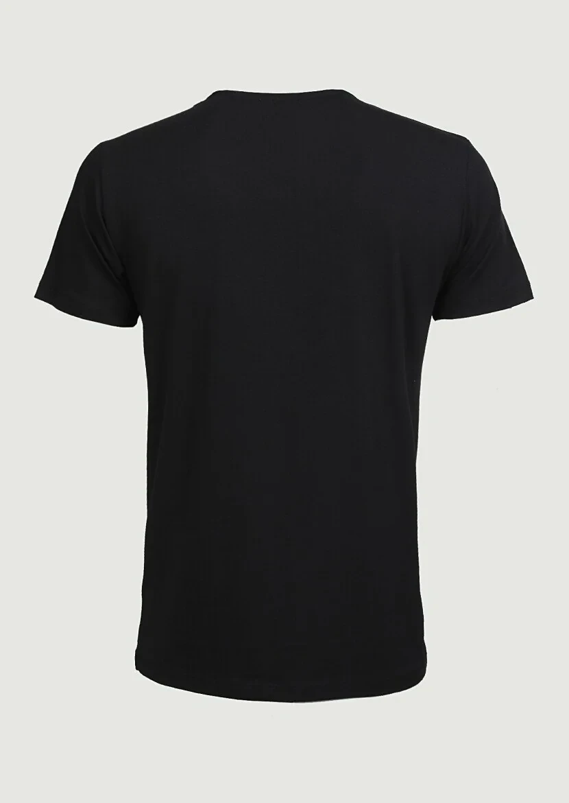Siyah Düz V Yaka Pamuk Karışımlı T-Shirt - 2