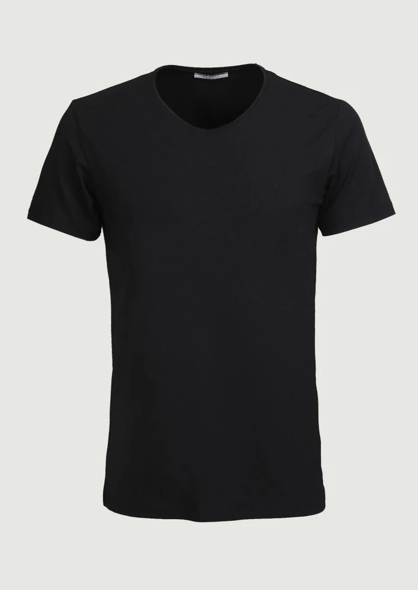 Siyah Düz V Yaka Pamuk Karışımlı T-Shirt - 1
