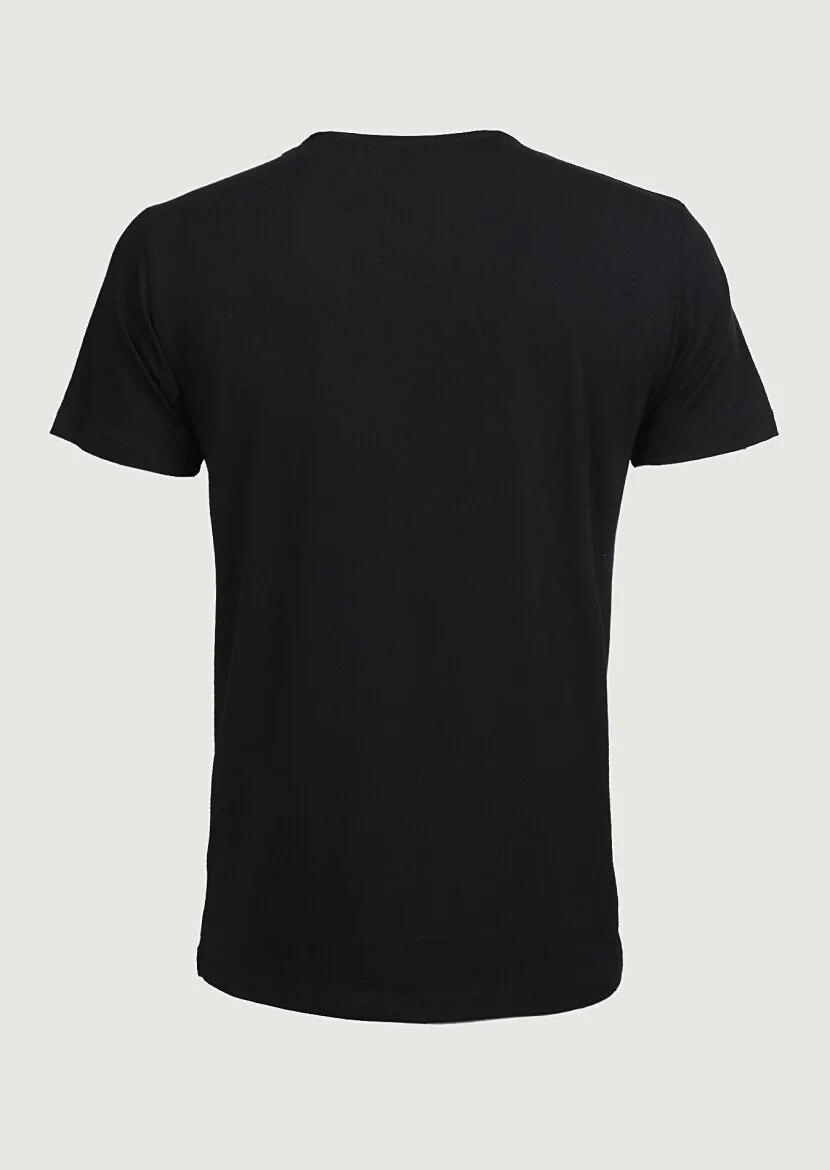 Siyah Düz V Yaka Pamuk Karışımlı T-Shirt - 2