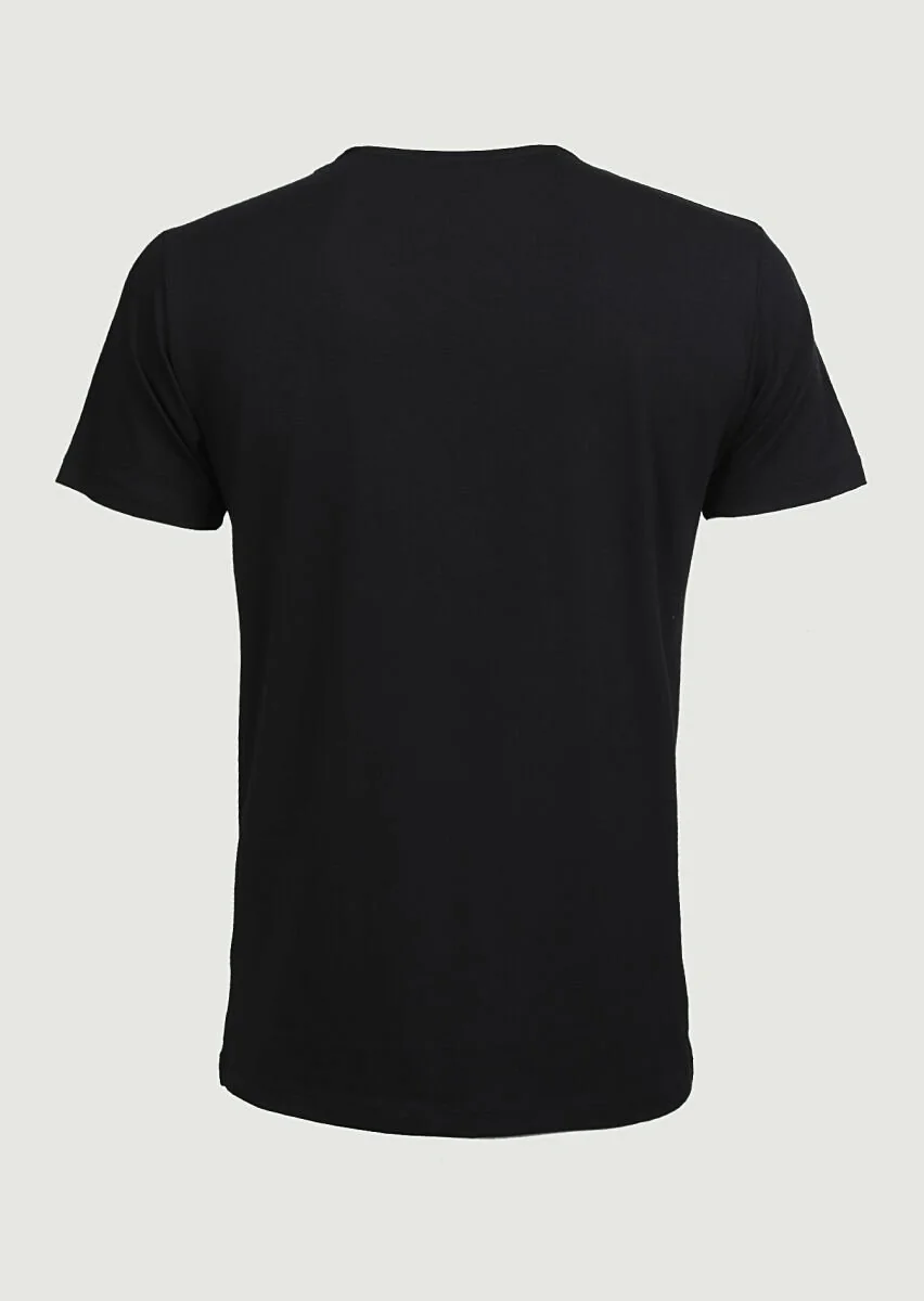 Siyah Düz V Yaka Pamuk Karışımlı T-Shirt - 2