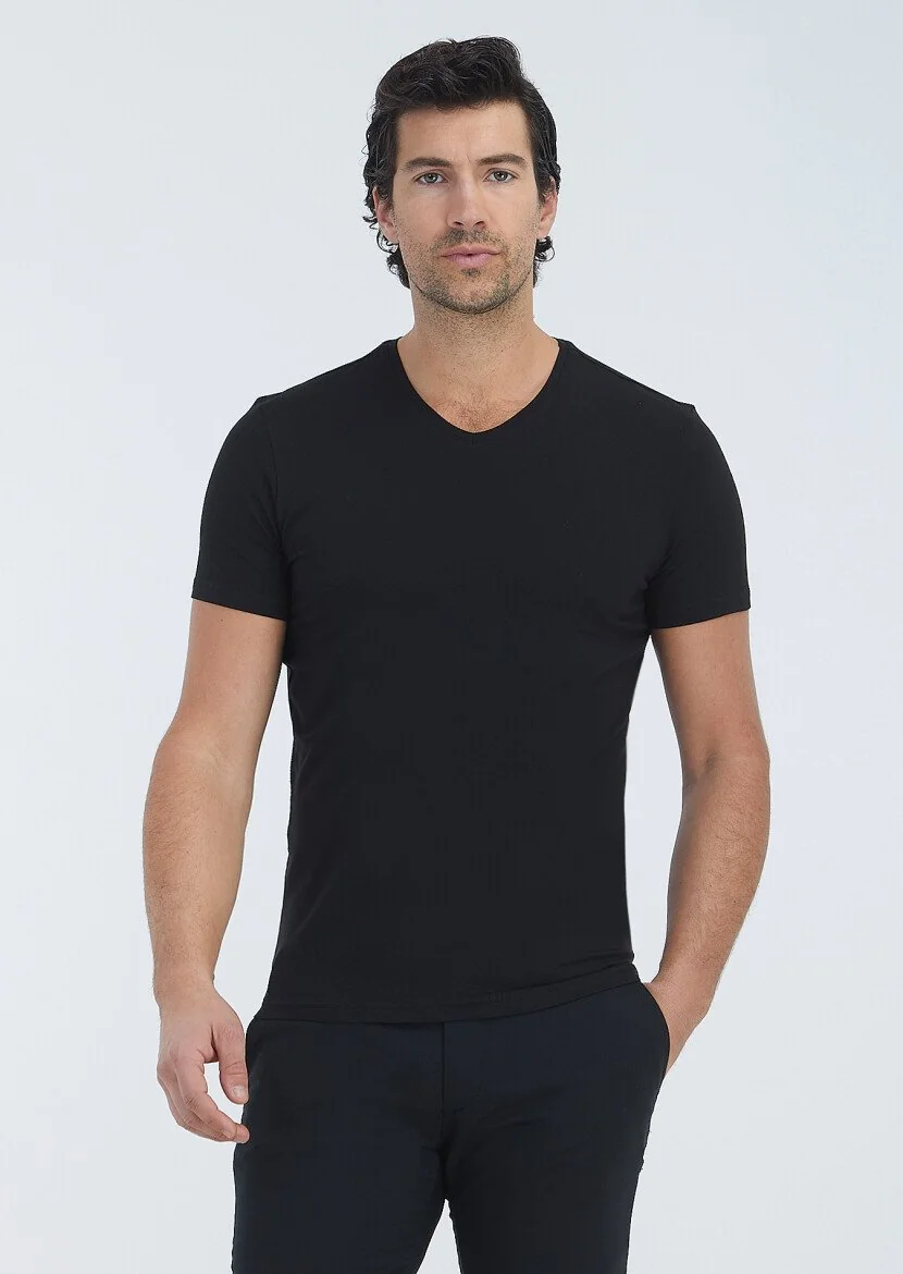 Siyah Düz V Yaka Pamuk Karışımlı T-Shirt 