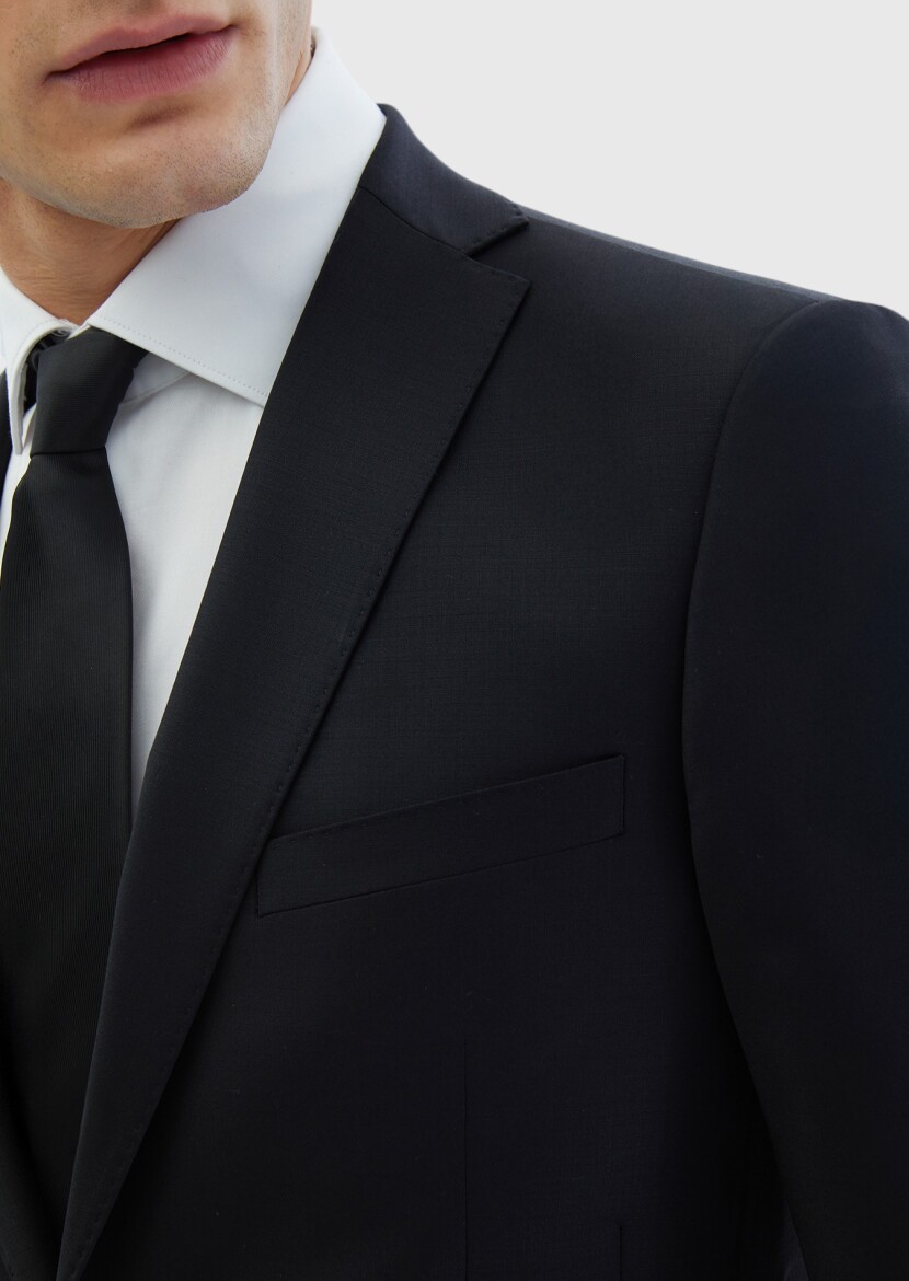 Siyah Düz Yün Karışımlı Takım Elbise - 4