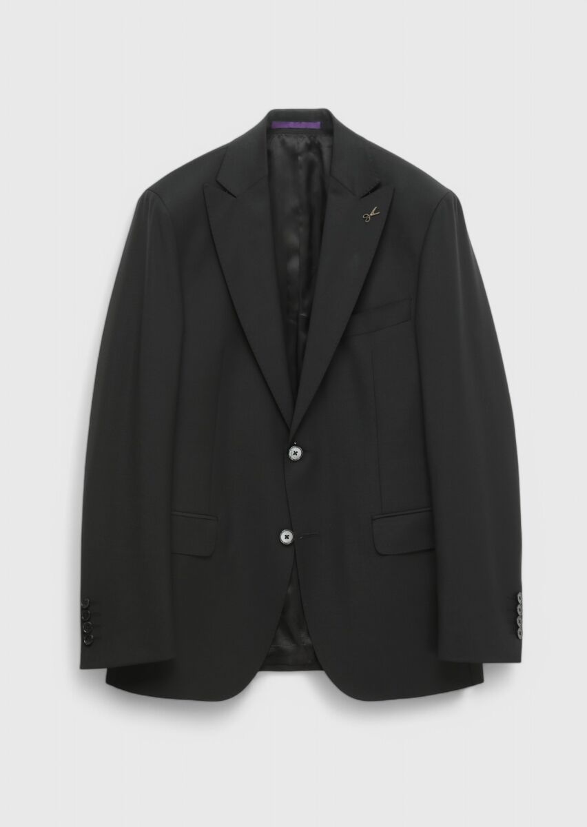 Siyah Düz Zeroweight Slim Fit Yün Karışımlı Takım Elbise - 7