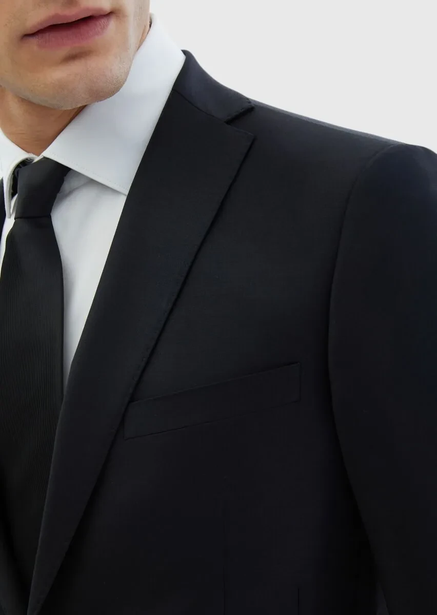 Siyah Düz Yün Karışımlı Takım Elbise - 4