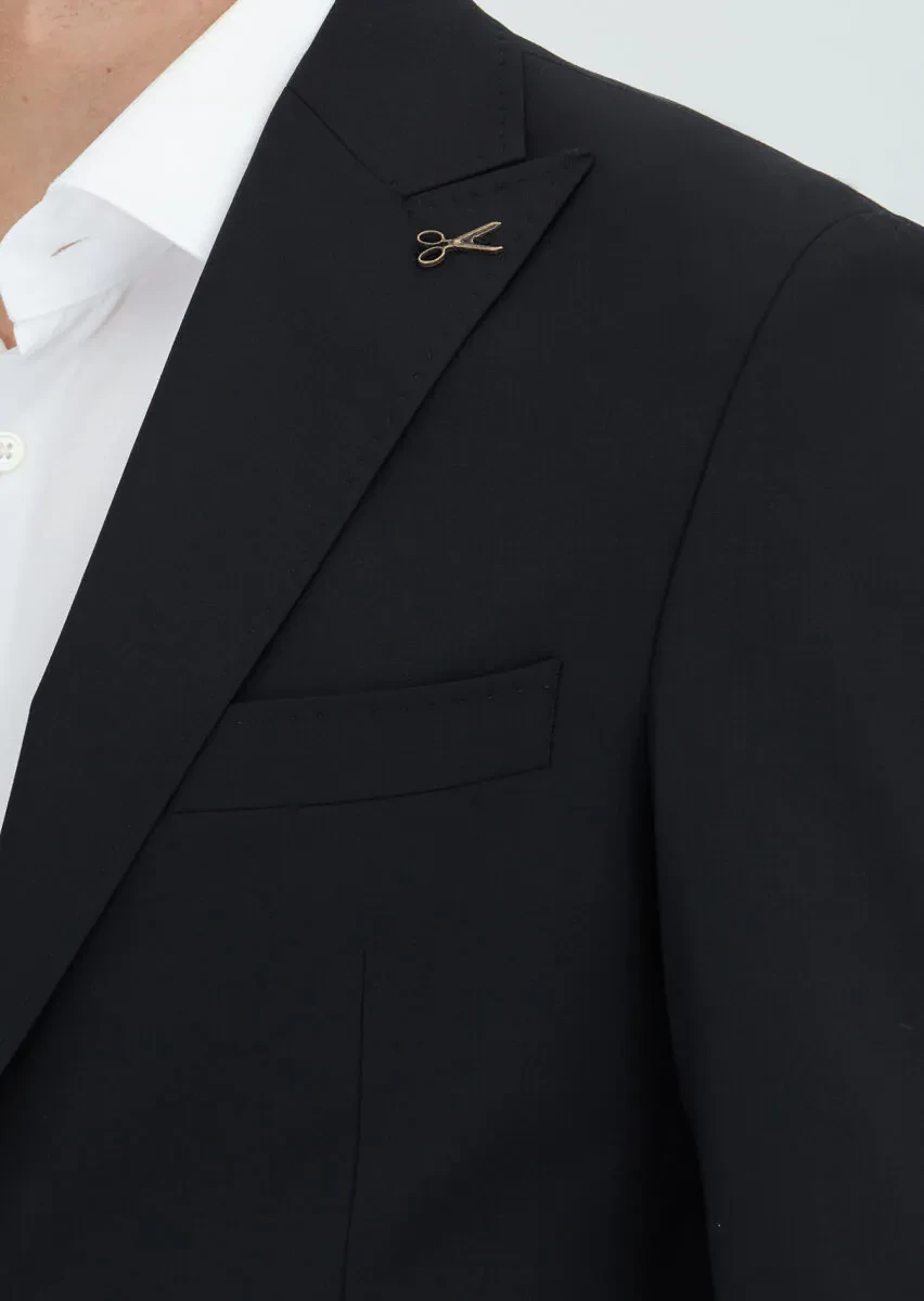 Siyah Düz Yün Karışımlı Takım Elbise - 3