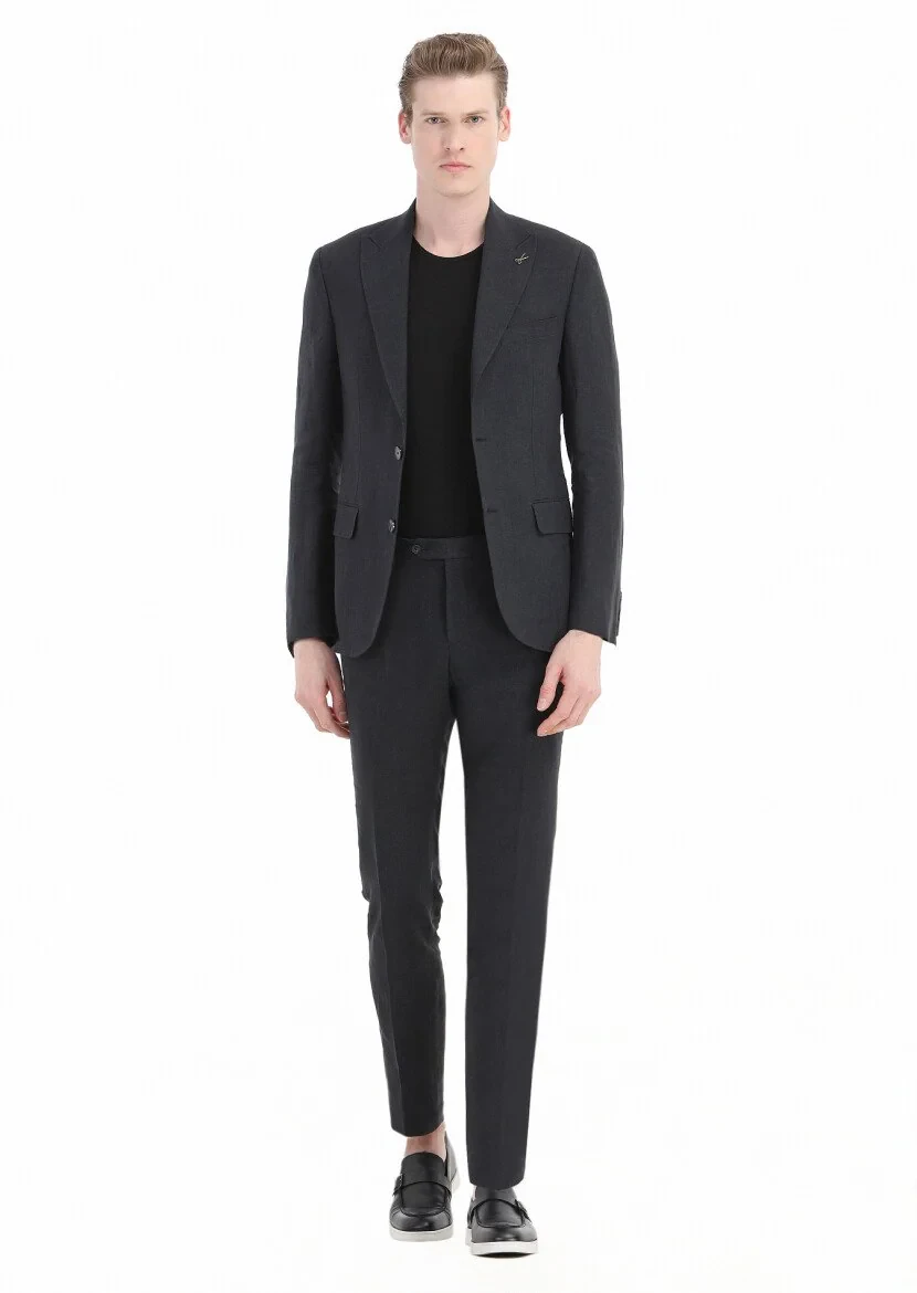 Siyah Düz Zeroweight Slim Fit %100 Keten Takım Elbise - 4