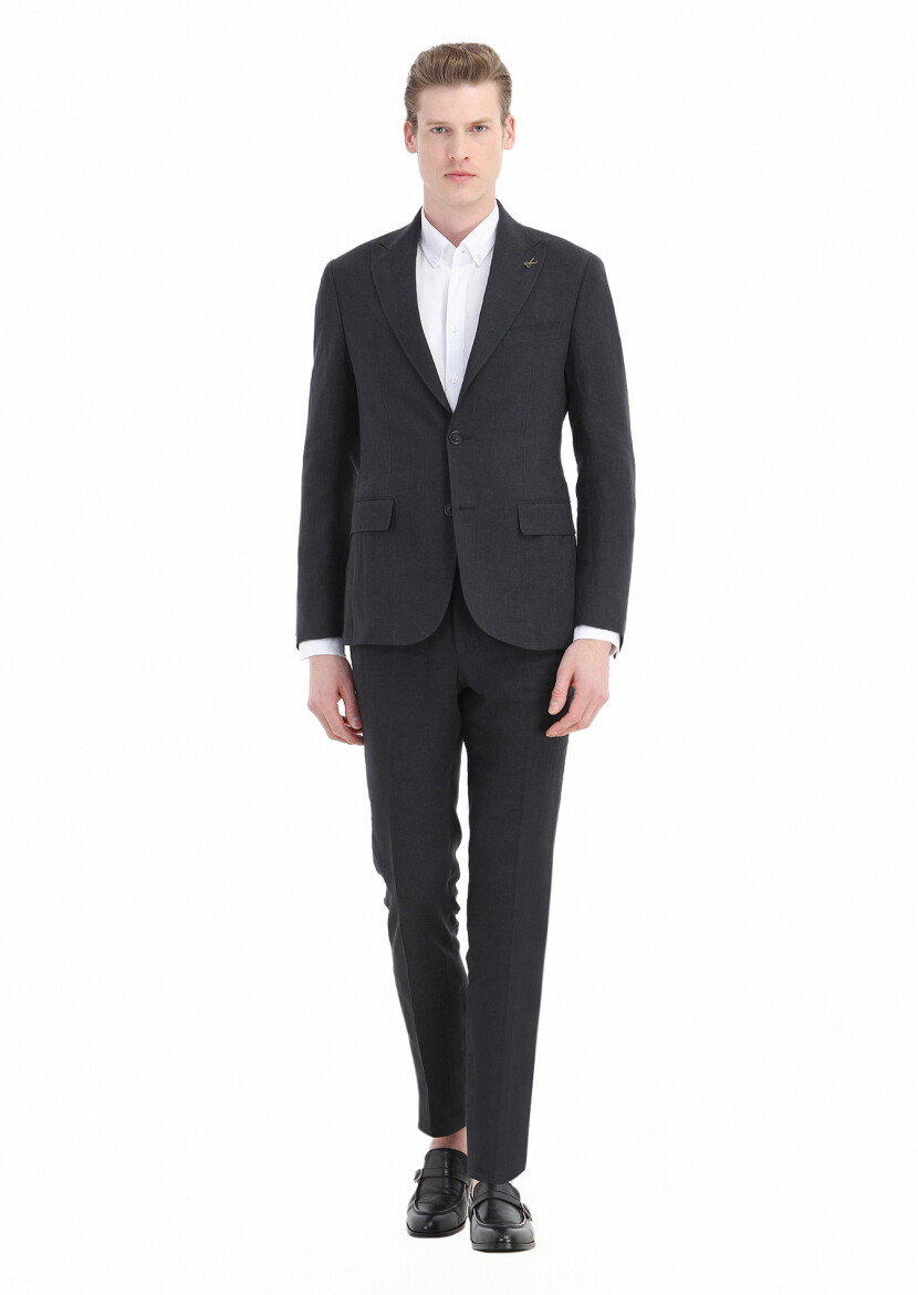 Siyah Düz Zeroweight Slim Fit %100 Keten Takım Elbise 