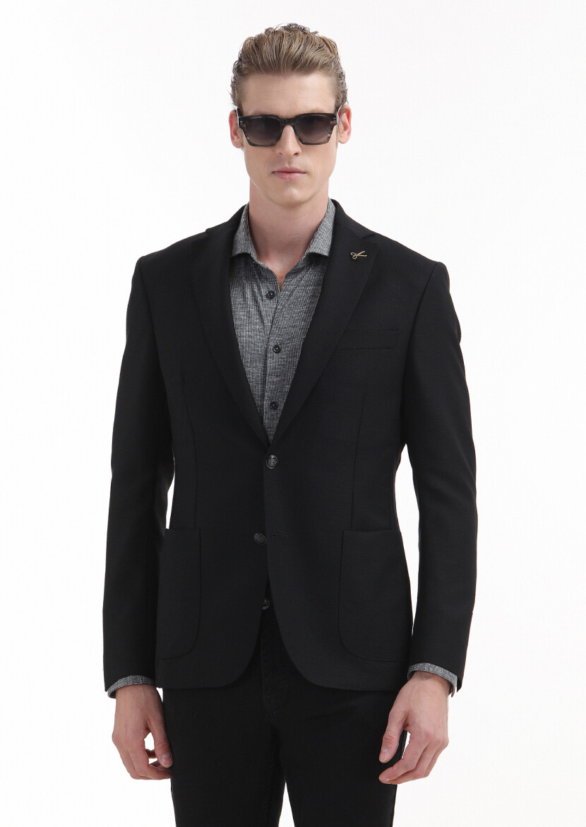 Siyah Düz Zeroweight Slim Fit %100 Yün Ceket - 1